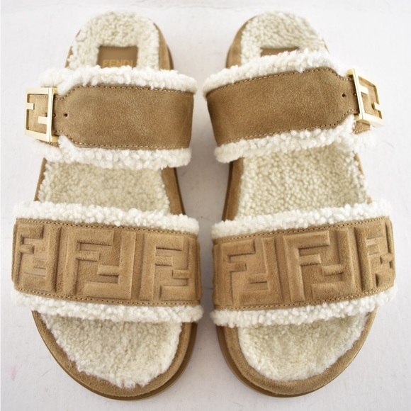 Fendi Feel Slide Shearling Fur Lined Bronze Monogram Logo Mule Flat Sandal 38.5 - Picture 6 of 16